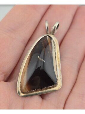 Sterling Silver & Brown Polished Stone Pendant Teardrop 1.75"